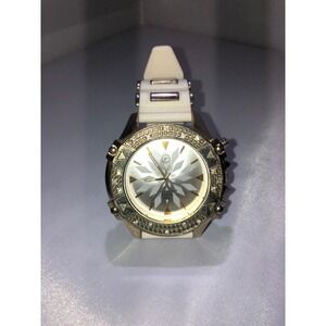 Techno Pave Gold Tone Crystal Bezel White Silicone Strap Watch 8128-7L